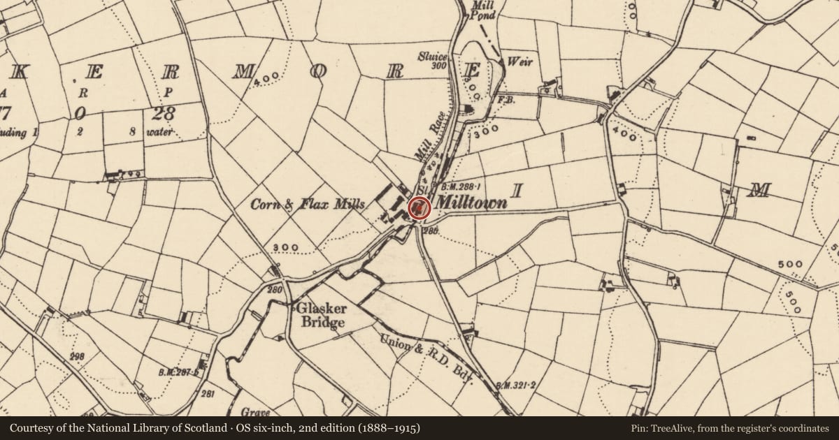 Ordnance Survey six-inch map, 2nd edition (1888–1915) covering the location of Flax mill, Glaskermore, Armagh City, Banbridge and Craigavon, with a pin at the register's coordinates