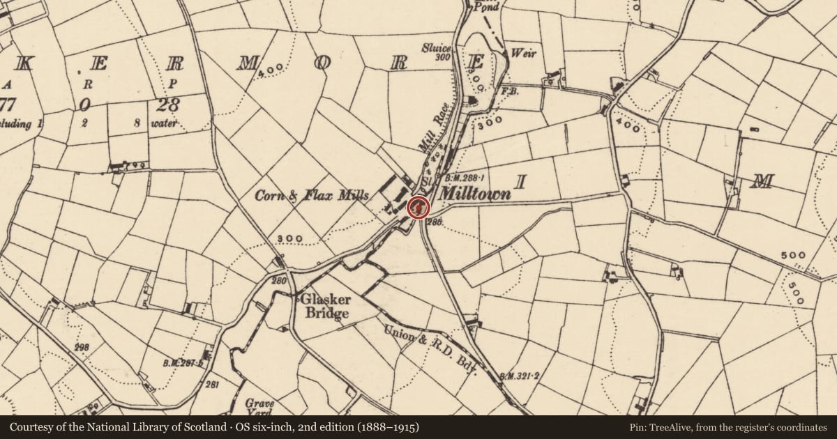 Ordnance Survey six-inch map, 2nd edition (1888–1915) covering the location of Chimney, Glaskermore, Armagh City, Banbridge and Craigavon, with a pin at the register's coordinates