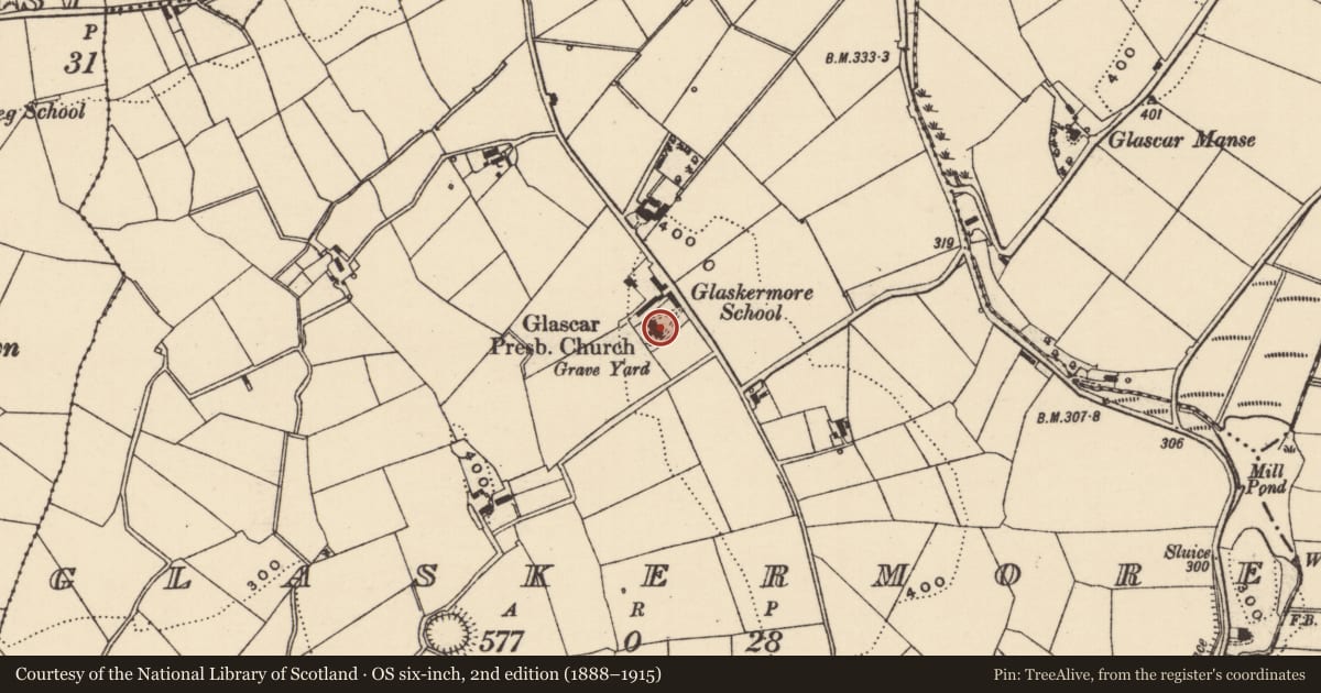Ordnance Survey six-inch map, 2nd edition (1888–1915) covering the location of Glascar Presbyterian Church, Glaskermore, Armagh City, Banbridge and Craigavon, with a pin at the register's coordinates
