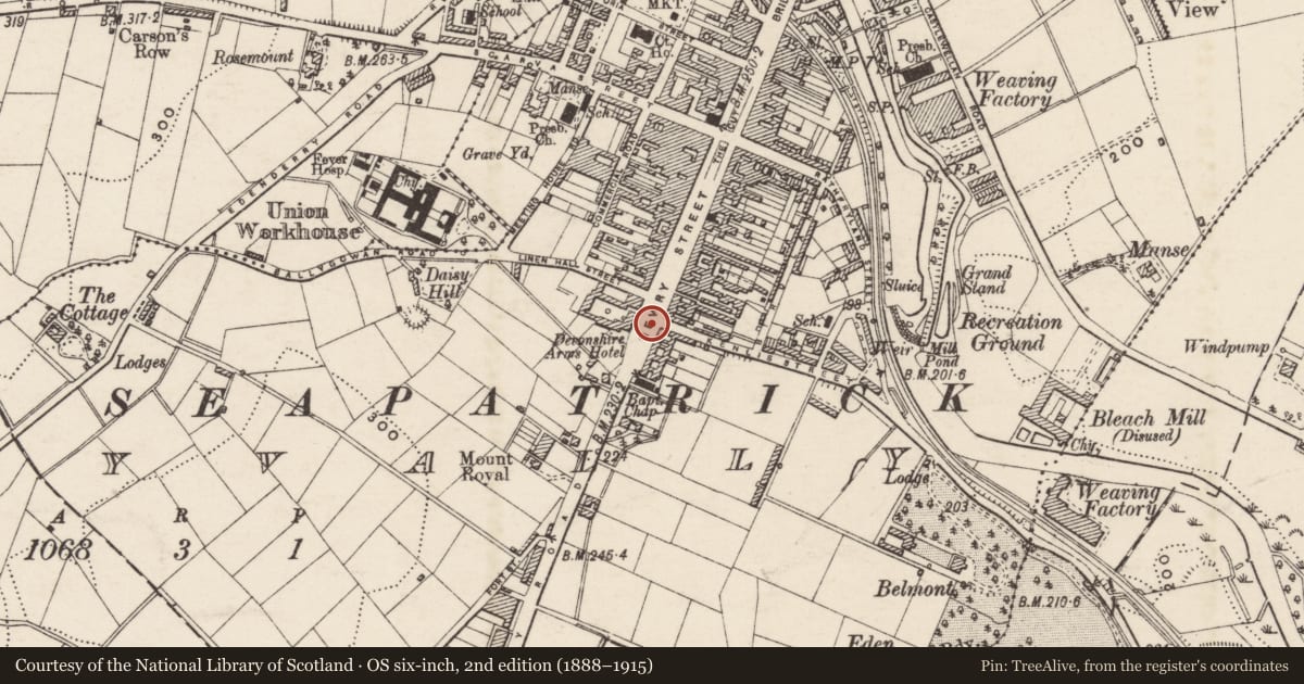 Ordnance Survey six-inch map, 2nd edition (1888–1915) covering the location of Presbyterian Church, Armagh City, Banbridge and Craigavon, with a pin at the register's coordinates