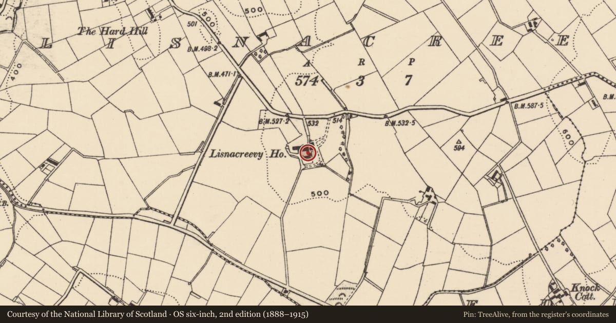 Ordnance Survey six-inch map, 2nd edition (1888–1915) covering the location of Outbuildings, Lisnacreevey, Armagh City, Banbridge and Craigavon, with a pin at the register's coordinates