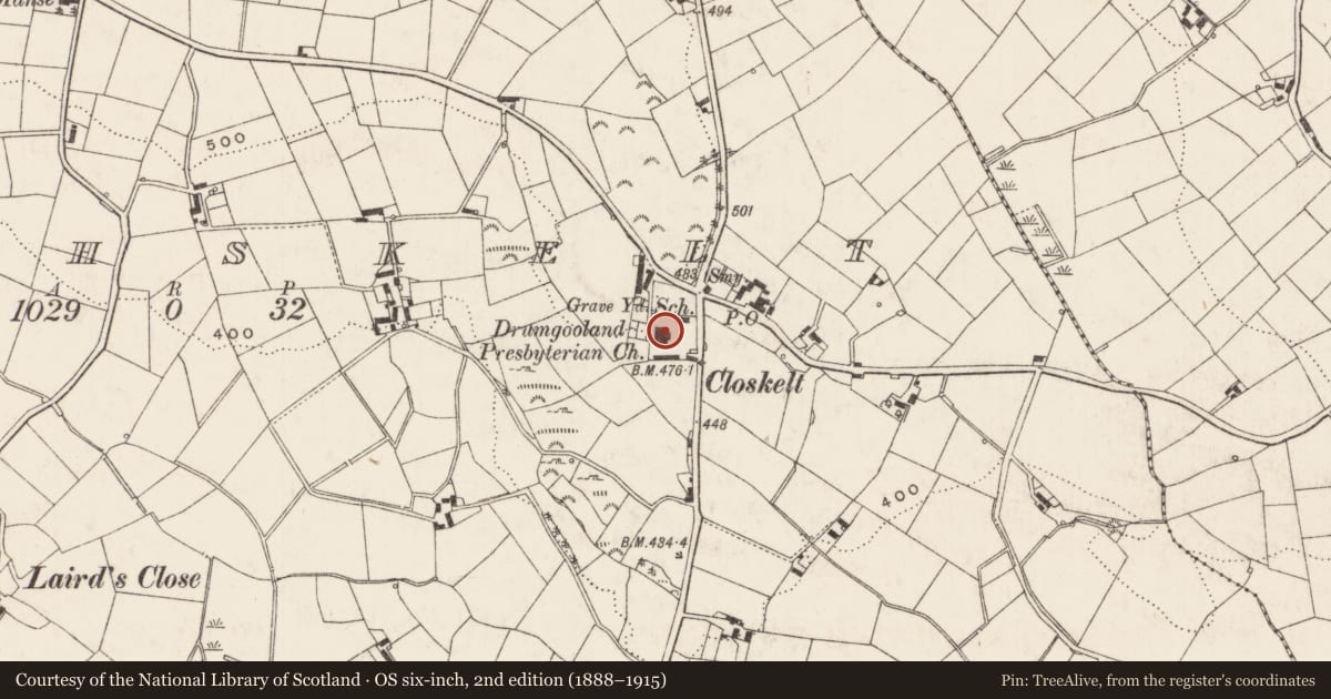 Ordnance Survey six-inch map, 2nd edition (1888–1915) covering the location of Drumgooland Presbyterian Church, Cloghskelt, Armagh City, Banbridge and Craigavon, with a pin at the register's coordinates