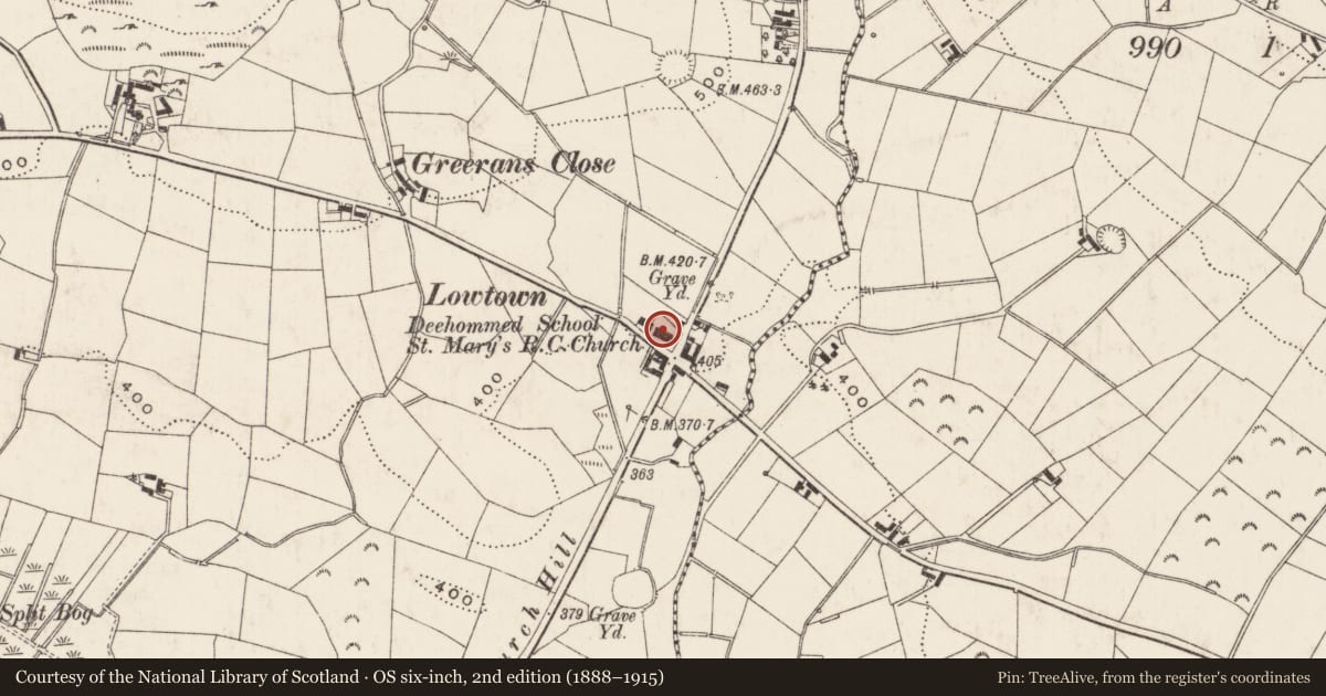 Ordnance Survey six-inch map, 2nd edition (1888–1915) covering the location of St Mary?s RC Church, Newry, Mourne and Down, with a pin at the register's coordinates