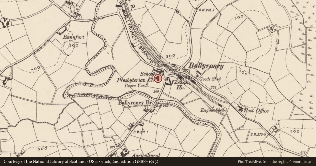 Ordnance Survey six-inch map, 2nd edition (1888–1915) covering the location of Ballyroney Presbyterian Church, Armagh City, Banbridge and Craigavon, with a pin at the register's coordinates