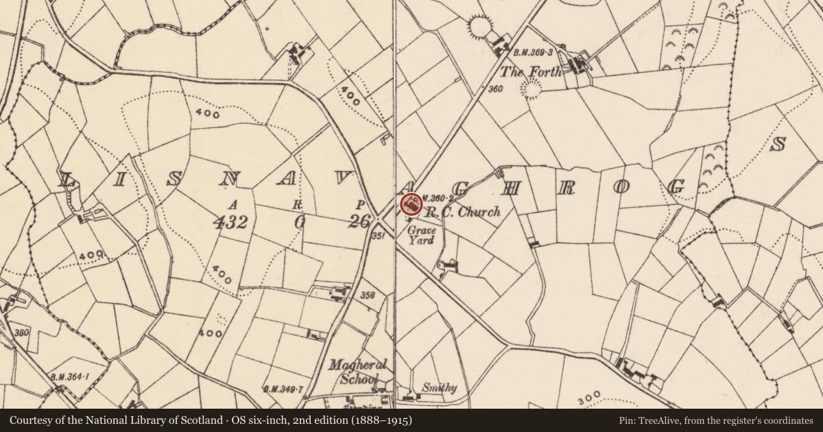 Ordnance Survey six-inch map, 2nd edition (1888–1915) covering the location of St Mary's R C Church, Lisnavaghy, Armagh City, Banbridge and Craigavon, with a pin at the register's coordinates