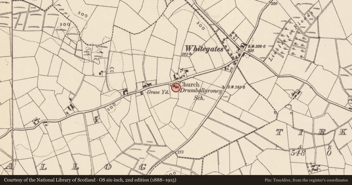 Ordnance Survey six-inch map, 2nd edition (1888–1915) covering the location of Drumballyroney Old School, Aughnavallog, Armagh City, Banbridge and Craigavon, with a pin at the register's coordinates