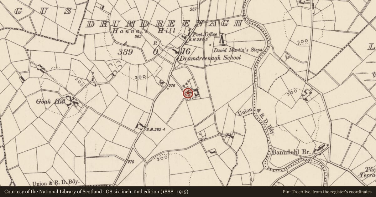 Ordnance Survey six-inch map, 2nd edition (1888–1915) covering the location of Drumdreenagh House, Armagh City, Banbridge and Craigavon, with a pin at the register's coordinates