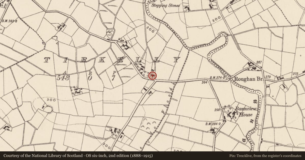 Ordnance Survey six-inch map, 2nd edition (1888–1915) covering the location of 18 Tirkelly Road, Armagh City, Banbridge and Craigavon, with a pin at the register's coordinates