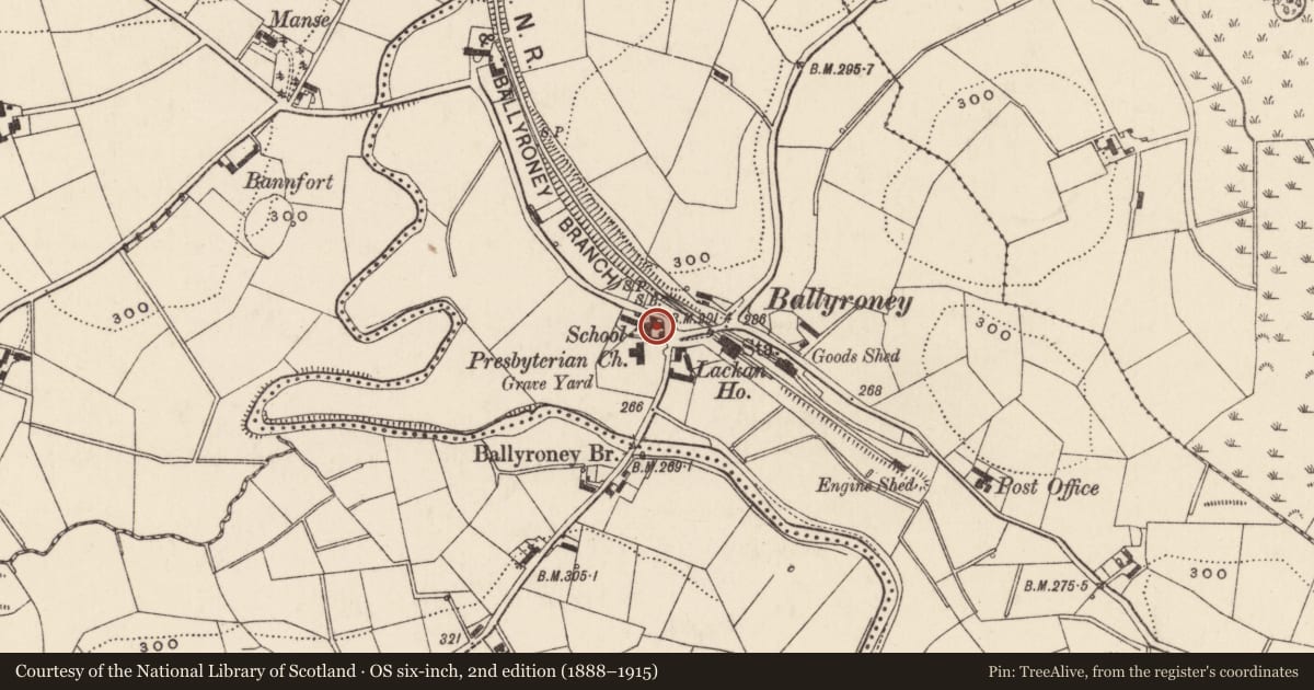 Ordnance Survey six-inch map, 2nd edition (1888–1915) covering the location of Post Office, Armagh City, Banbridge and Craigavon, with a pin at the register's coordinates