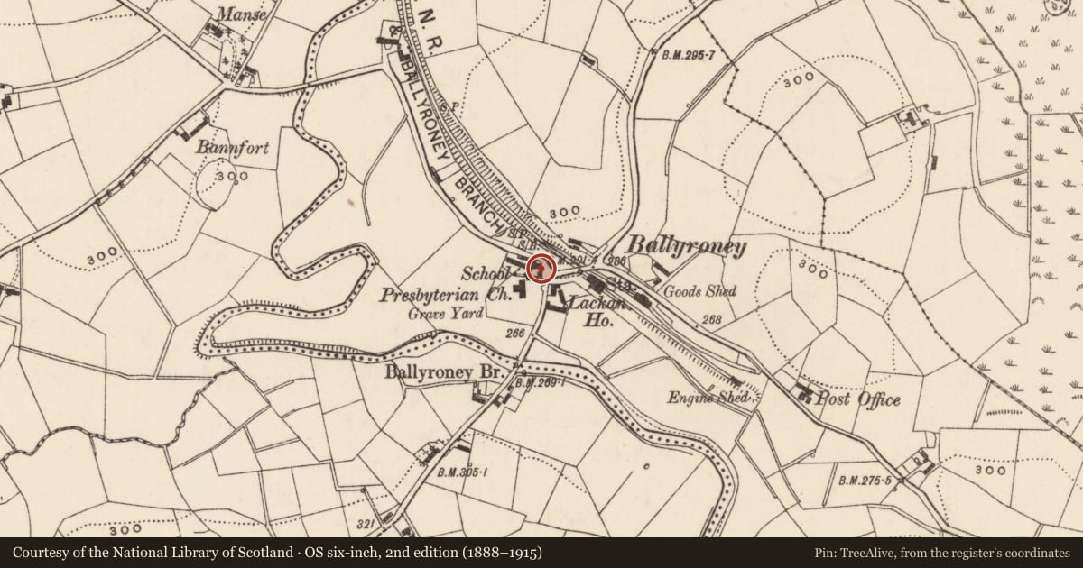Ordnance Survey six-inch map, 2nd edition (1888–1915) covering the location of Telephone Kiosk, Ballyroney, Armagh City, Banbridge and Craigavon, with a pin at the register's coordinates