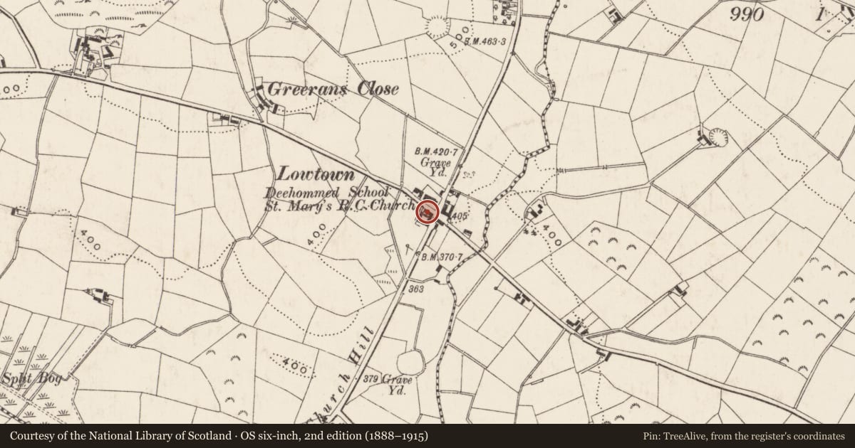 Ordnance Survey six-inch map, 2nd edition (1888–1915) covering the location of 46 Moneyslane Road, Deehomed, Newry, Mourne and Down, with a pin at the register's coordinates