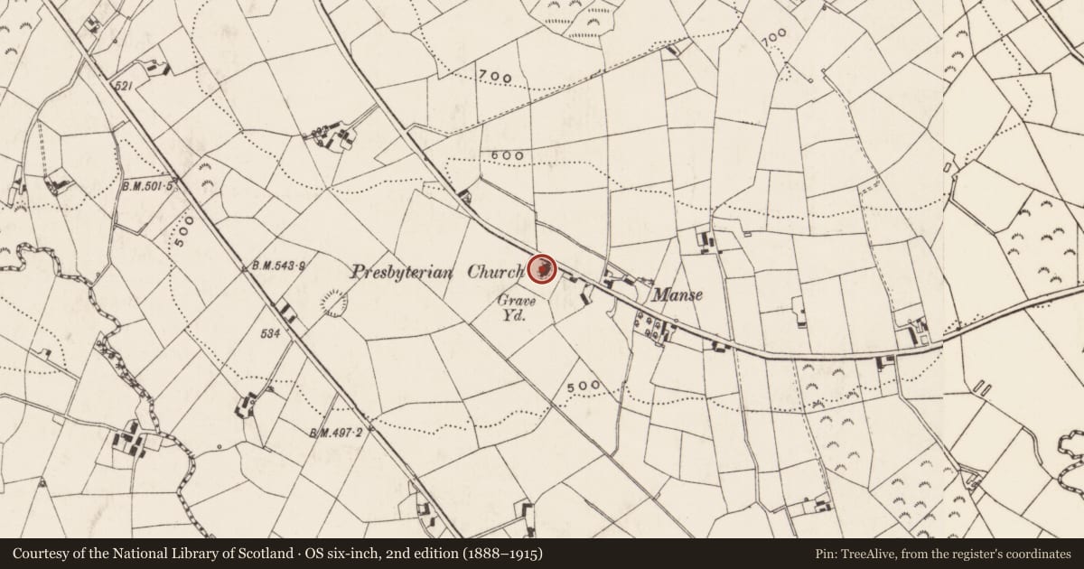 Ordnance Survey six-inch map, 2nd edition (1888–1915) covering the location of Leitrim Presbyterian church, Newry, Mourne and Down, with a pin at the register's coordinates
