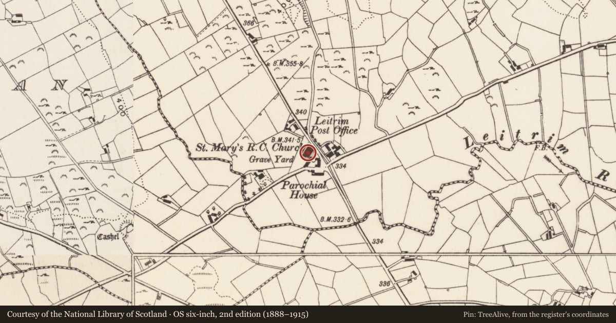 Ordnance Survey six-inch map, 2nd edition (1888–1915) covering the location of St Mary's R C Church, Leitrim, Newry, Mourne and Down, with a pin at the register's coordinates