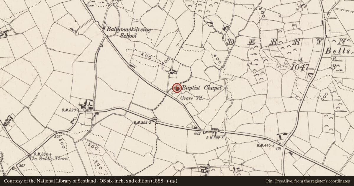 Ordnance Survey six-inch map, 2nd edition (1888–1915) covering the location of Derryneill Baptist Church, Newry, Mourne and Down, with a pin at the register's coordinates