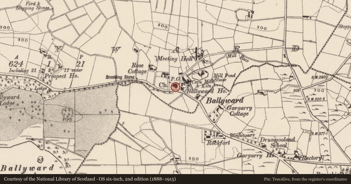 Ordnance Survey six-inch map, 2nd edition (1888–1915) covering the location of Drumgooland Parish Church, Ballyward, Newry, Mourne and Down, with a pin at the register's coordinates