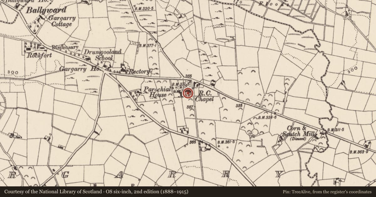 Ordnance Survey six-inch map, 2nd edition (1888–1915) covering the location of St. Patricks R C Church, Gargarry, Newry, Mourne and Down, with a pin at the register's coordinates