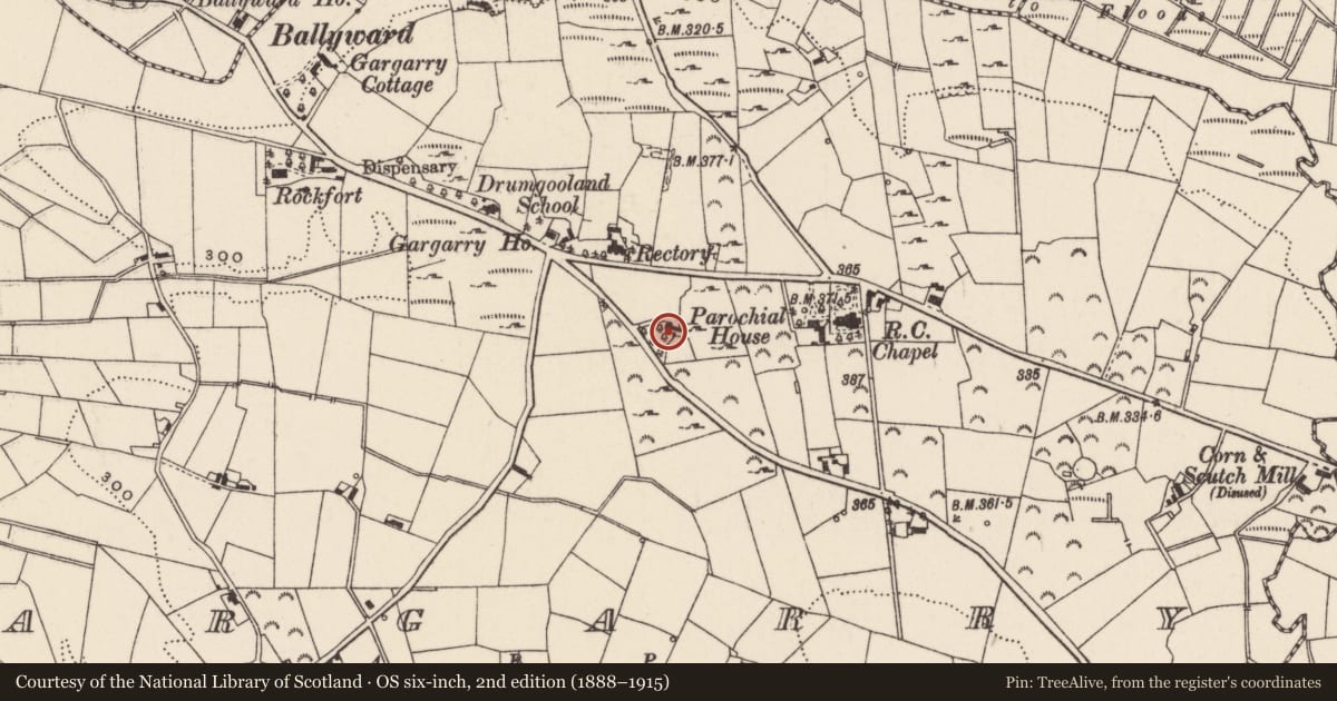 Ordnance Survey six-inch map, 2nd edition (1888–1915) covering the location of Orchard House, Newry, Mourne and Down, with a pin at the register's coordinates