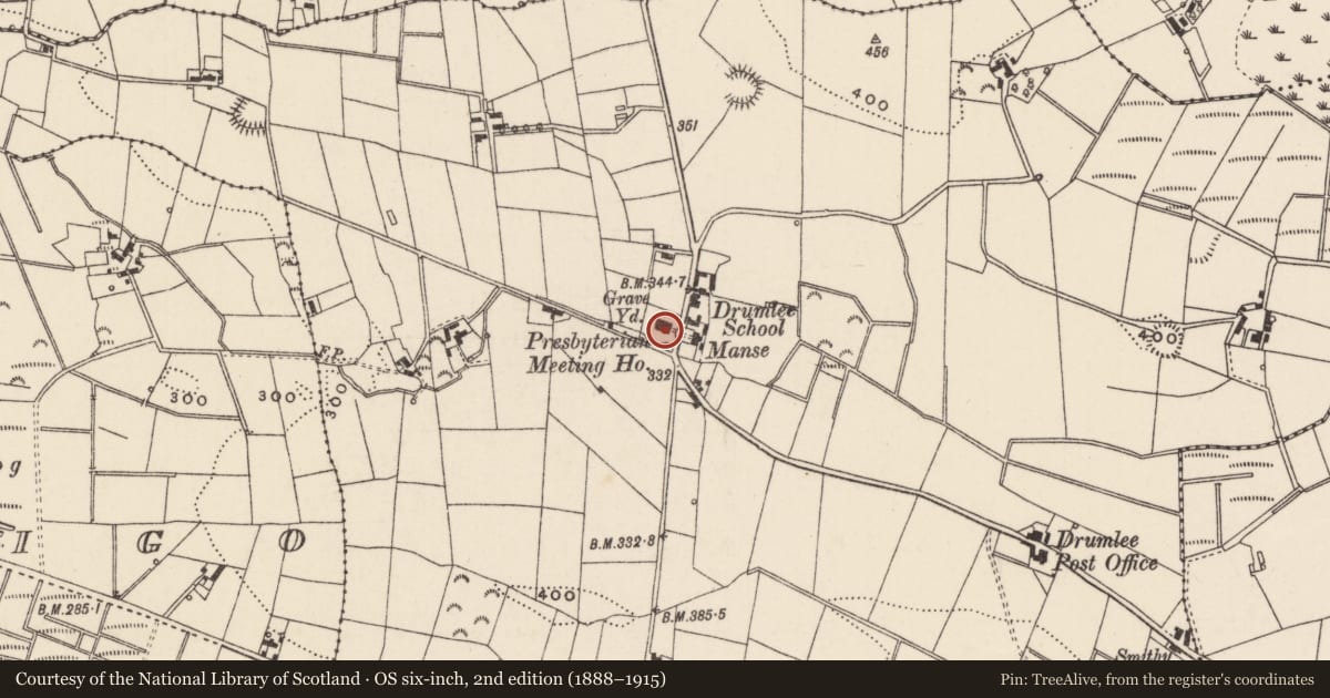 Ordnance Survey six-inch map, 2nd edition (1888–1915) covering the location of Drumlee Presbyterian Church, Armagh City, Banbridge and Craigavon, with a pin at the register's coordinates