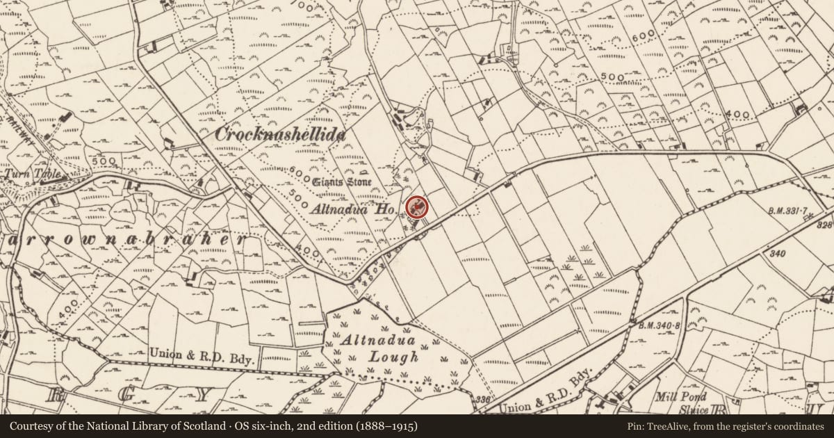 Ordnance Survey six-inch map, 2nd edition (1888–1915) covering the location of Altnadua House, Newry, Mourne and Down, with a pin at the register's coordinates