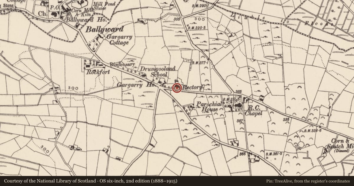 Ordnance Survey six-inch map, 2nd edition (1888–1915) covering the location of The Old Rectory, Newry, Mourne and Down, with a pin at the register's coordinates