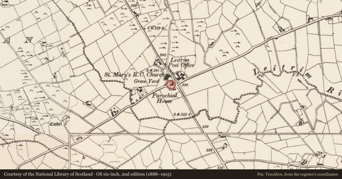 Ordnance Survey six-inch map, 2nd edition (1888–1915) covering the location of Macs Corner Bar and House, Leitrim, Newry, Mourne and Down, with a pin at the register's coordinates