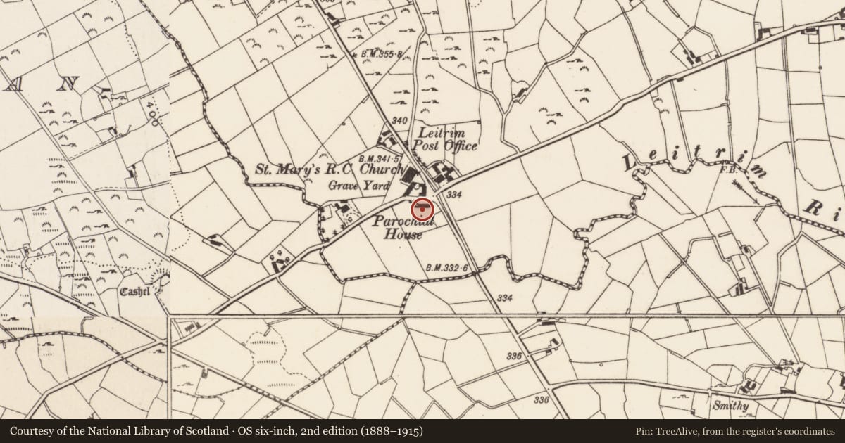 Ordnance Survey six-inch map, 2nd edition (1888–1915) covering the location of Outbuilding, Leitrim, Newry, Mourne and Down, with a pin at the register's coordinates