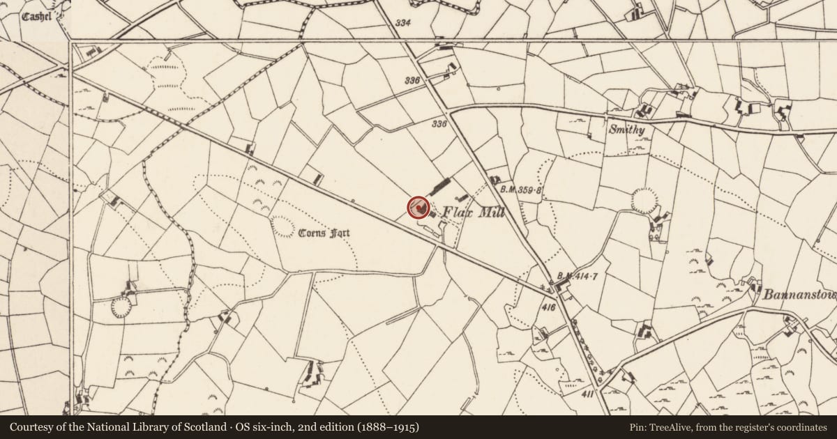 Ordnance Survey six-inch map, 2nd edition (1888–1915) covering the location of Flax mill, Ballymaginaghy, Newry, Mourne and Down, with a pin at the register's coordinates