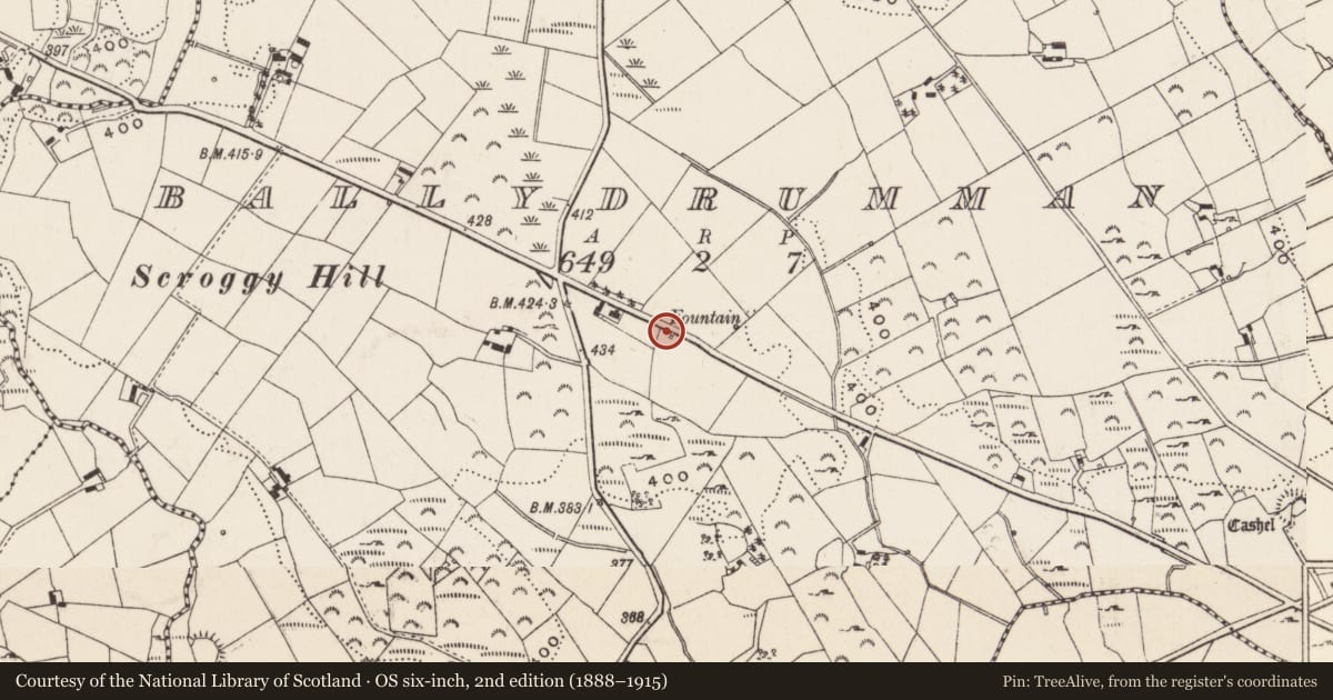 Ordnance Survey six-inch map, 2nd edition (1888–1915) covering the location of John Keenan Well, Ballydrumman, Newry, Mourne and Down, with a pin at the register's coordinates