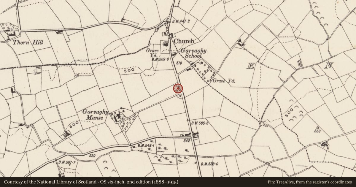Ordnance Survey six-inch map, 2nd edition (1888–1915) covering the location of Garvaghy Presbyterian Church, Armagh City, Banbridge and Craigavon, with a pin at the register's coordinates