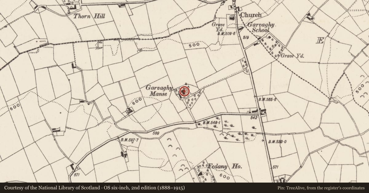 Ordnance Survey six-inch map, 2nd edition (1888–1915) covering the location of Garvaghy Manse, Armagh City, Banbridge and Craigavon, with a pin at the register's coordinates