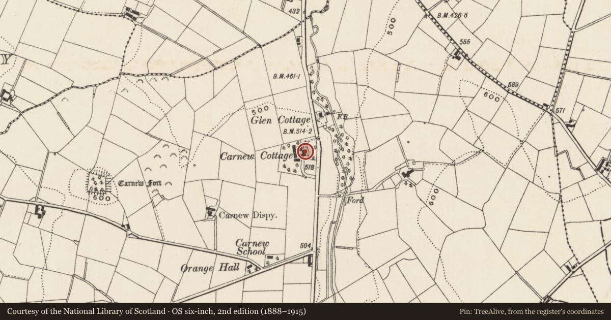 Ordnance Survey six-inch map, 2nd edition (1888–1915) covering the location of Carnew Cottage, Armagh City, Banbridge and Craigavon, with a pin at the register's coordinates