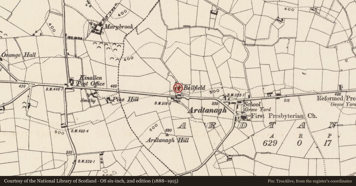 Ordnance Survey six-inch map, 2nd edition (1888–1915) covering the location of BELLFIELD, Armagh City, Banbridge and Craigavon, with a pin at the register's coordinates