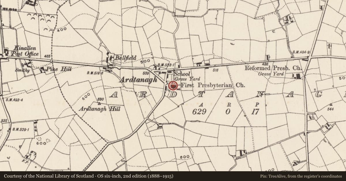 Ordnance Survey six-inch map, 2nd edition (1888–1915) covering the location of First Dromara Presbyterian Church, Ardtanagh, Armagh City, Banbridge and Craigavon, with a pin at the register's coordinates