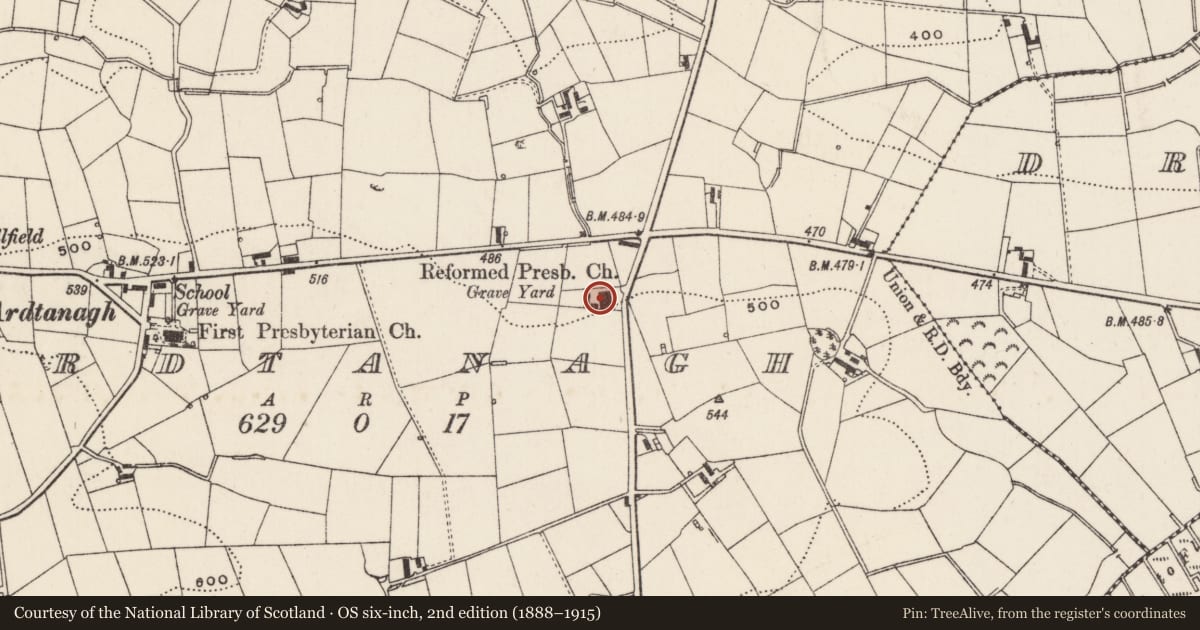 Ordnance Survey six-inch map, 2nd edition (1888–1915) covering the location of Reformed Presbyterian Church, Armagh City, Banbridge and Craigavon, with a pin at the register's coordinates