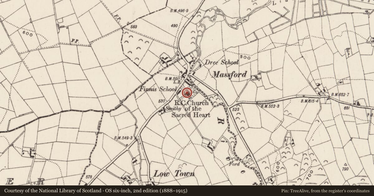 Ordnance Survey six-inch map, 2nd edition (1888–1915) covering the location of St.Michael's R C Church, Finnis, Newry, Mourne and Down, with a pin at the register's coordinates