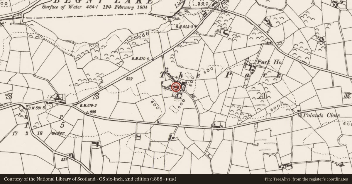 Ordnance Survey six-inch map, 2nd edition (1888–1915) covering the location of The Park, Upper Crossgar, Newry, Mourne and Down, with a pin at the register's coordinates
