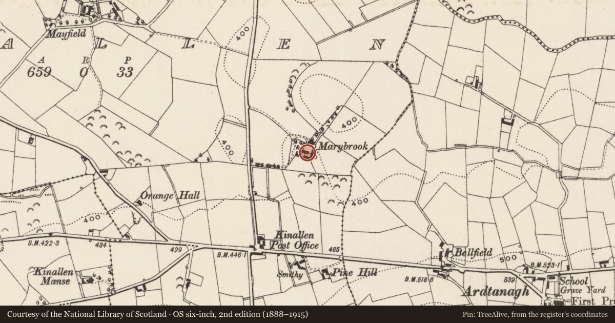 Ordnance Survey six-inch map, 2nd edition (1888–1915) covering the location of Marybrook, Kinallen, Armagh City, Banbridge and Craigavon, with a pin at the register's coordinates