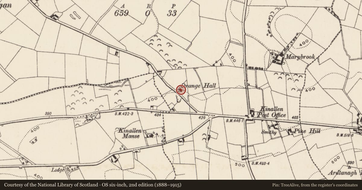 Ordnance Survey six-inch map, 2nd edition (1888–1915) covering the location of Kinallen Orange Hall, Armagh City, Banbridge and Craigavon, with a pin at the register's coordinates