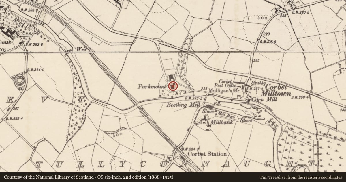 Ordnance Survey six-inch map, 2nd edition (1888–1915) covering the location of Parkmount, Tullyconnaught, Armagh City, Banbridge and Craigavon, with a pin at the register's coordinates