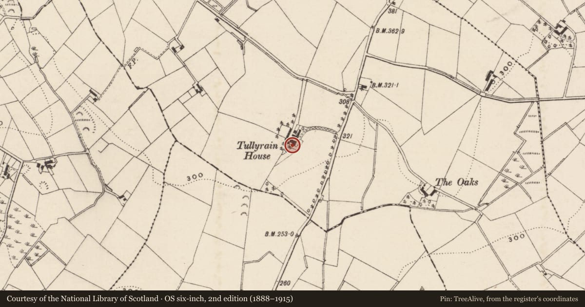 Ordnance Survey six-inch map, 2nd edition (1888–1915) covering the location of Tullyrain House, Armagh City, Banbridge and Craigavon, with a pin at the register's coordinates