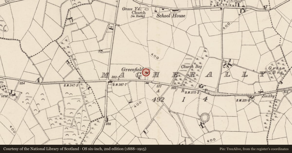 Ordnance Survey six-inch map, 2nd edition (1888–1915) covering the location of GREENFIELD, Armagh City, Banbridge and Craigavon, with a pin at the register's coordinates