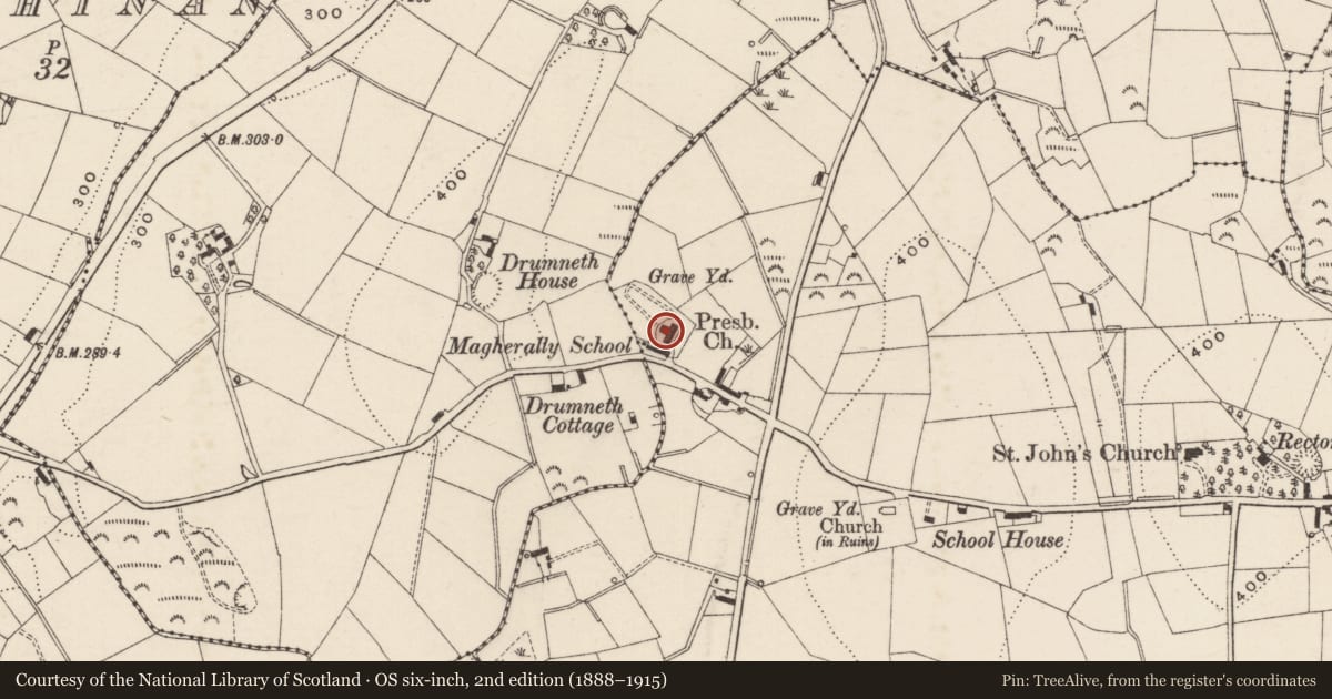 Ordnance Survey six-inch map, 2nd edition (1888–1915) covering the location of Magherally Presbyterian Church, Armagh City, Banbridge and Craigavon, with a pin at the register's coordinates