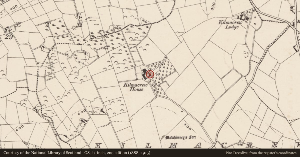 Ordnance Survey six-inch map, 2nd edition (1888–1915) covering the location of Kilmacrew House 70 Kilmacrew Road Banbridge, Armagh City, Banbridge and Craigavon, with a pin at the register's coordinates