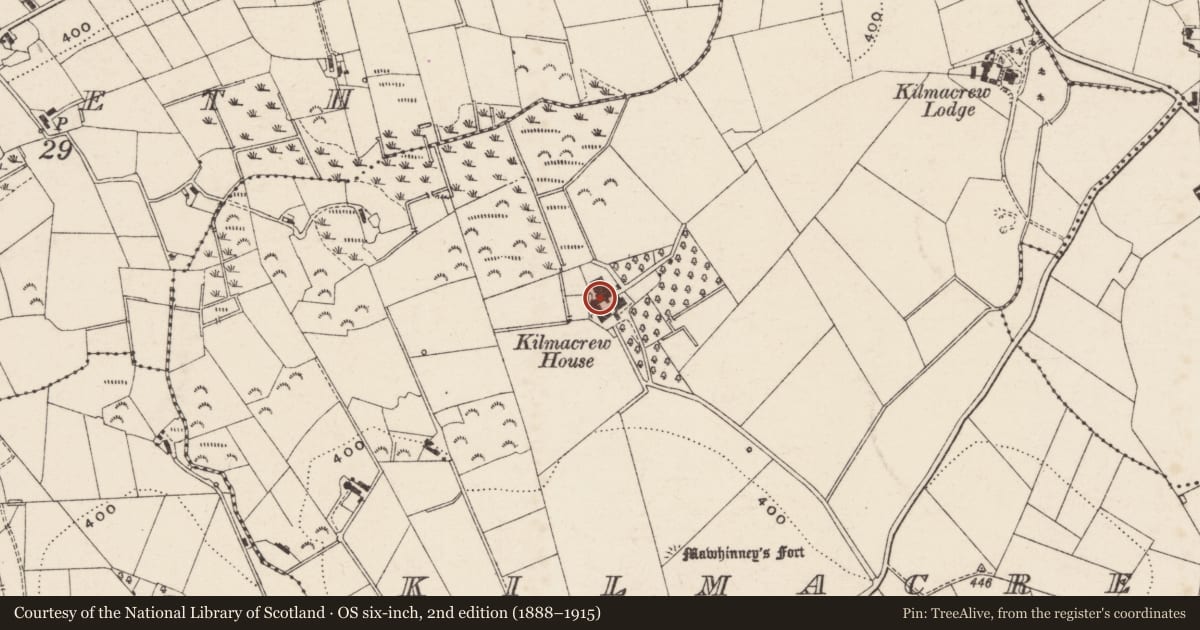 Ordnance Survey six-inch map, 2nd edition (1888–1915) covering the location of Outbuildings, Kilmacrew House, 70 Kilmacrew Road, Banbridge, Armagh City, Banbridge and Craigavon, with a pin at the register's coordinates