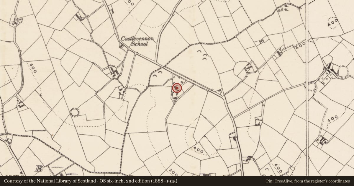 Ordnance Survey six-inch map, 2nd edition (1888–1915) covering the location of Balloley Cottage, Armagh City, Banbridge and Craigavon, with a pin at the register's coordinates