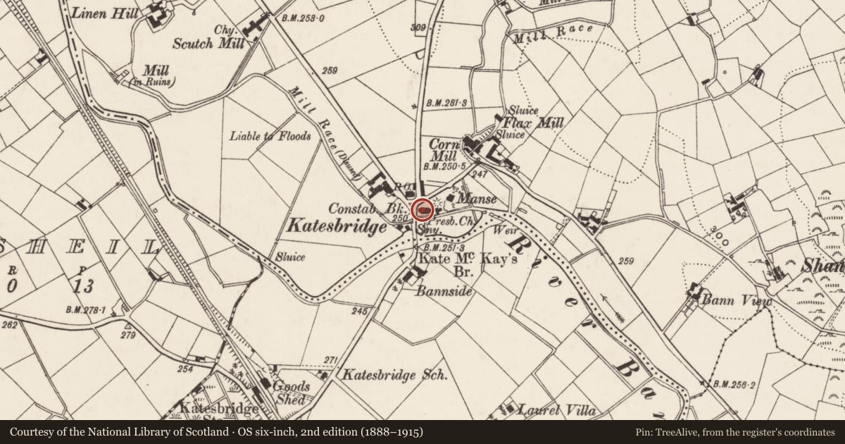 Ordnance Survey six-inch map, 2nd edition (1888–1915) covering the location of Katesbridge Presbyterian Church, Armagh City, Banbridge and Craigavon, with a pin at the register's coordinates