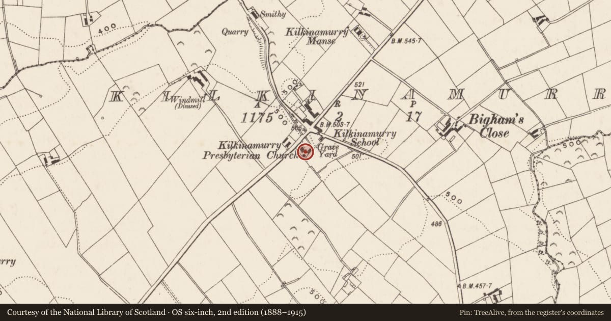 Ordnance Survey six-inch map, 2nd edition (1888–1915) covering the location of Kilkinamurray Presbyterian Church Grave Yard, Armagh City, Banbridge and Craigavon, with a pin at the register's coordinates