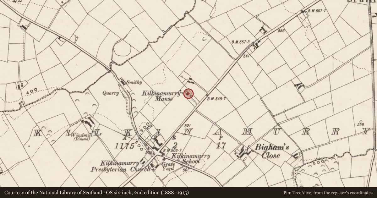 Ordnance Survey six-inch map, 2nd edition (1888–1915) covering the location of Kilkinamurray Manse, Armagh City, Banbridge and Craigavon, with a pin at the register's coordinates