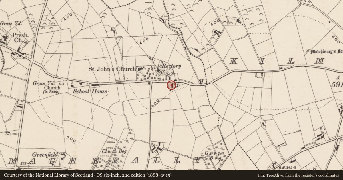 Ordnance Survey six-inch map, 2nd edition (1888–1915) covering the location of 47A Kilmacrew Road, Magherally, Armagh City, Banbridge and Craigavon, with a pin at the register's coordinates