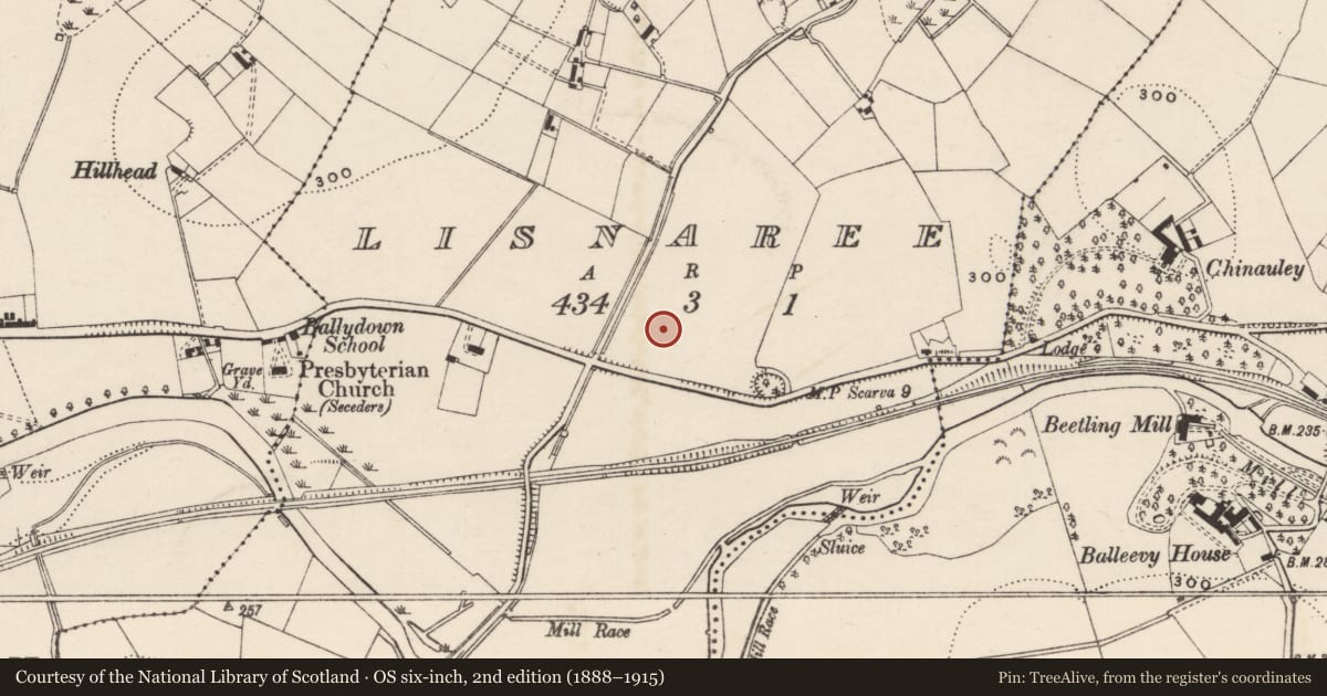 Ordnance Survey six-inch map, 2nd edition (1888–1915) covering the location of Pump In front of Ballydown School, Lisnaree, Armagh City, Banbridge and Craigavon, with a pin at the register's coordinates